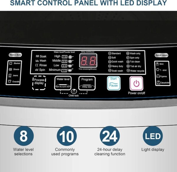 Washing Machine, Portable 25 LBS Full Washing Machine with LED Display & 10 Programs & 8 Water Levels Selections & Drain Pump - Image 4