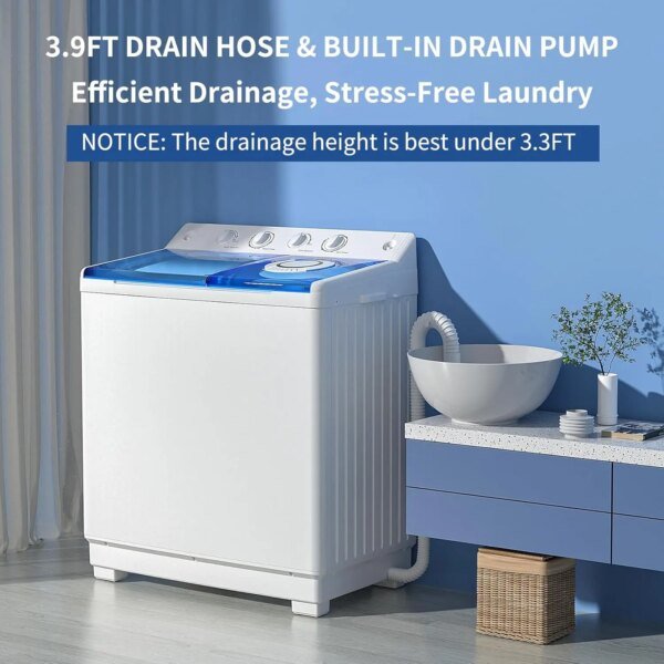 Washing Machine, 40Lbs Compact Washing machine, Twin Tub Laundry Washer Machine with Built-in Drain Pump, Semi-Automatic - Image 4