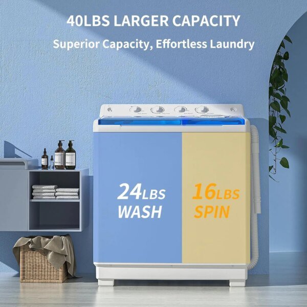 Washing Machine, 40Lbs Compact Washing machine, Twin Tub Laundry Washer Machine with Built-in Drain Pump, Semi-Automatic - Image 3