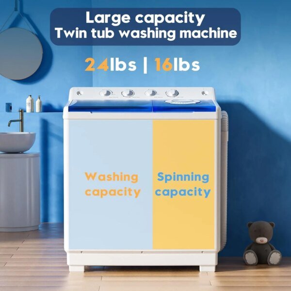 Washing Machine, 40lbs Twin Tub Washer Mini Compact Laundry Machine with Drain Pump, Semi-automatic 24lbs Washer 16lbs - Image 4