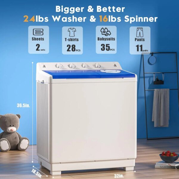 Washing Machine, 40lbs Twin Tub Washer Mini Compact Laundry Machine with Drain Pump, Semi-automatic 24lbs Washer 16lbs - Image 2