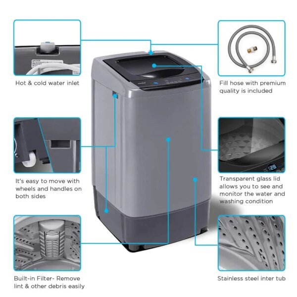 Portable Washing Machine 0.9 cu.ft Compact Washer With LED Display 5 Wash Cycles 2 Built-in Rollers Space Saving - Image 5