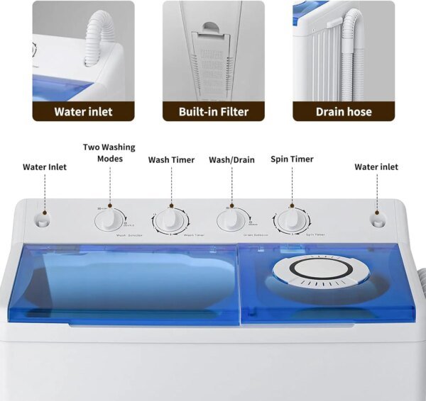 Washing Machine, Twin Tub Washing Machine Laundry Compact Washer spinner Combo with 40lbs capacity, 24Lbs Washer and 16Lbs - Image 6