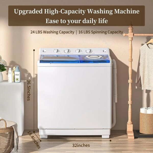 Washing Machine, Twin Tub Washing Machine Laundry Compact Washer spinner Combo with 40lbs capacity, 24Lbs Washer and 16Lbs - Image 5