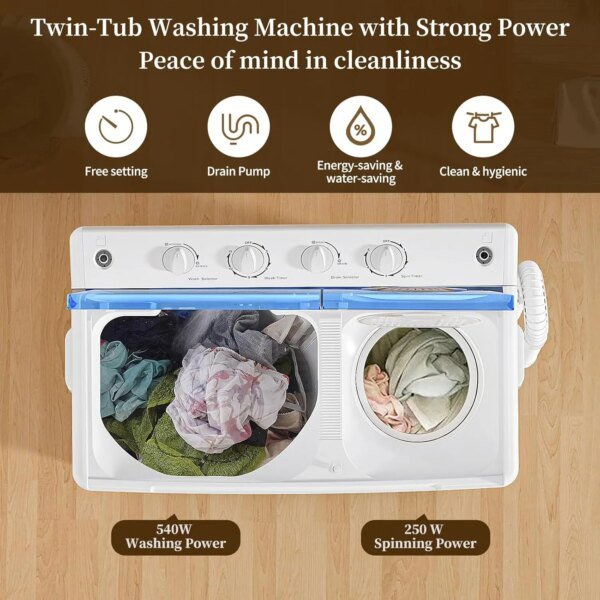Washing Machine, Twin Tub Washing Machine Laundry Compact Washer spinner Combo with 40lbs capacity, 24Lbs Washer and 16Lbs - Image 4