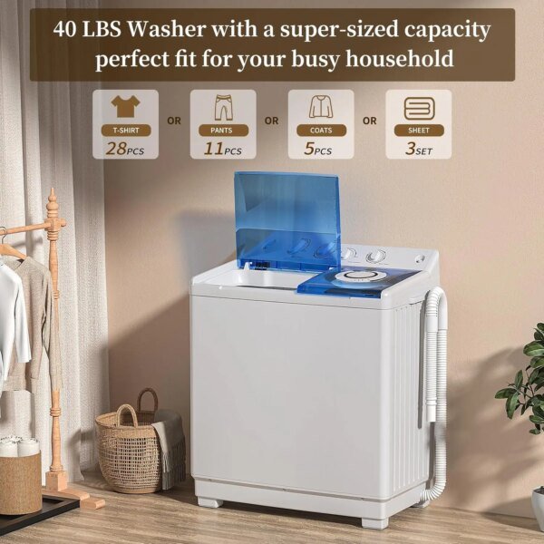 Washing Machine, Twin Tub Washing Machine Laundry Compact Washer spinner Combo with 40lbs capacity, 24Lbs Washer and 16Lbs - Image 3