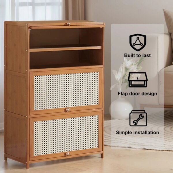 Modern Hidden Shoe Cabinet Entryway Narrow Shoe Storage Cubby with 2 Flip Drawers & Door Bamboo Free Standing Shoe Storage Shelf - Image 4