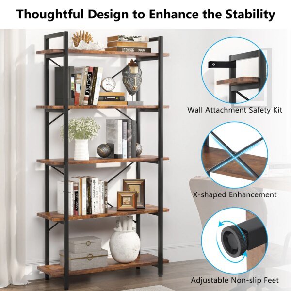 Tribesigns 5 Tier Bookshelf, Industrial Etagere Bookcase with Metal Frame, Rustic Tall Book Shelf Unit for Living Room - Image 4