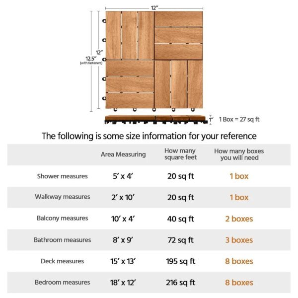 27pcs Hardwood Interlocking Patio Deck Tiles Acacia Waterproof Wood Flooring Tiles for Patio Garden Poolside, 12'' x12'' Indoor - Image 5