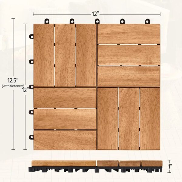 27pcs Hardwood Interlocking Patio Deck Tiles Acacia Waterproof Wood Flooring Tiles for Patio Garden Poolside, 12'' x12'' Indoor - Image 3