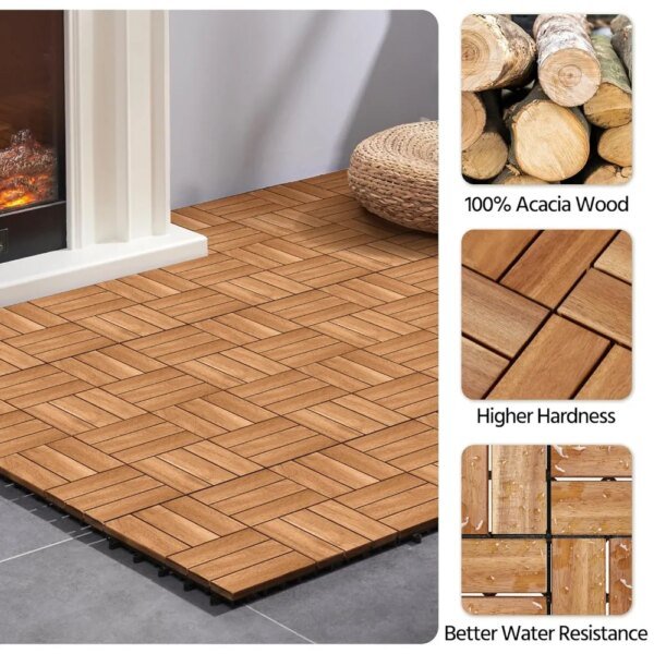 27pcs Hardwood Interlocking Patio Deck Tiles Acacia Waterproof Wood Flooring Tiles for Patio Garden Poolside, 12'' x12'' Indoor - Image 4