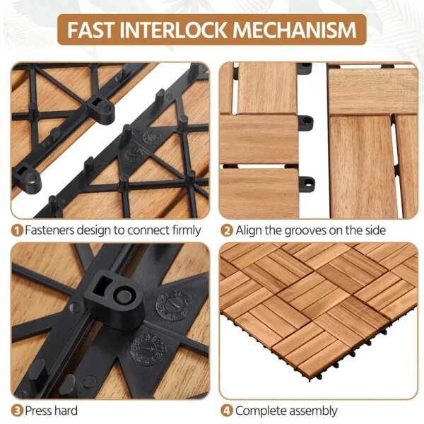 27pcs Hardwood Interlocking Patio Deck Tiles Acacia Waterproof Wood Flooring Tiles for Patio Garden Poolside, 12'' x12'' Indoor - Image 6