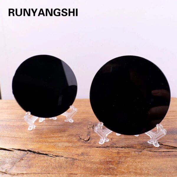 1pc Natural black obsidian stone circle disk round plate fengshui mirror for home office decor