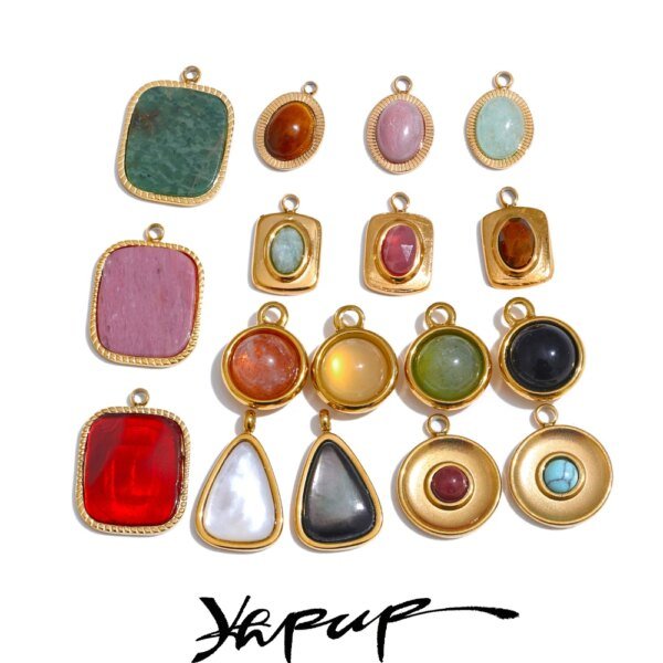 Yhpup Exquisite Stainless Steel Natural Stone Square Round Oval Pendants for Necklace Bracelet Earrings DIY Accessories Makings