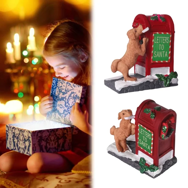 Santa Mailbox with Little Dog Sculpture Tabletop Christmas Mailbox Figurine Christmas Village Accessories Christmas Decorations - Image 3