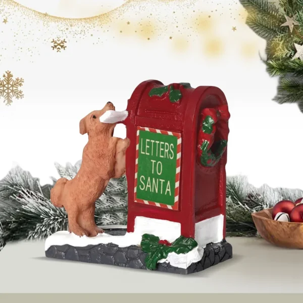Santa Mailbox with Little Dog Sculpture Tabletop Christmas Mailbox Figurine Christmas Village Accessories Christmas Decorations