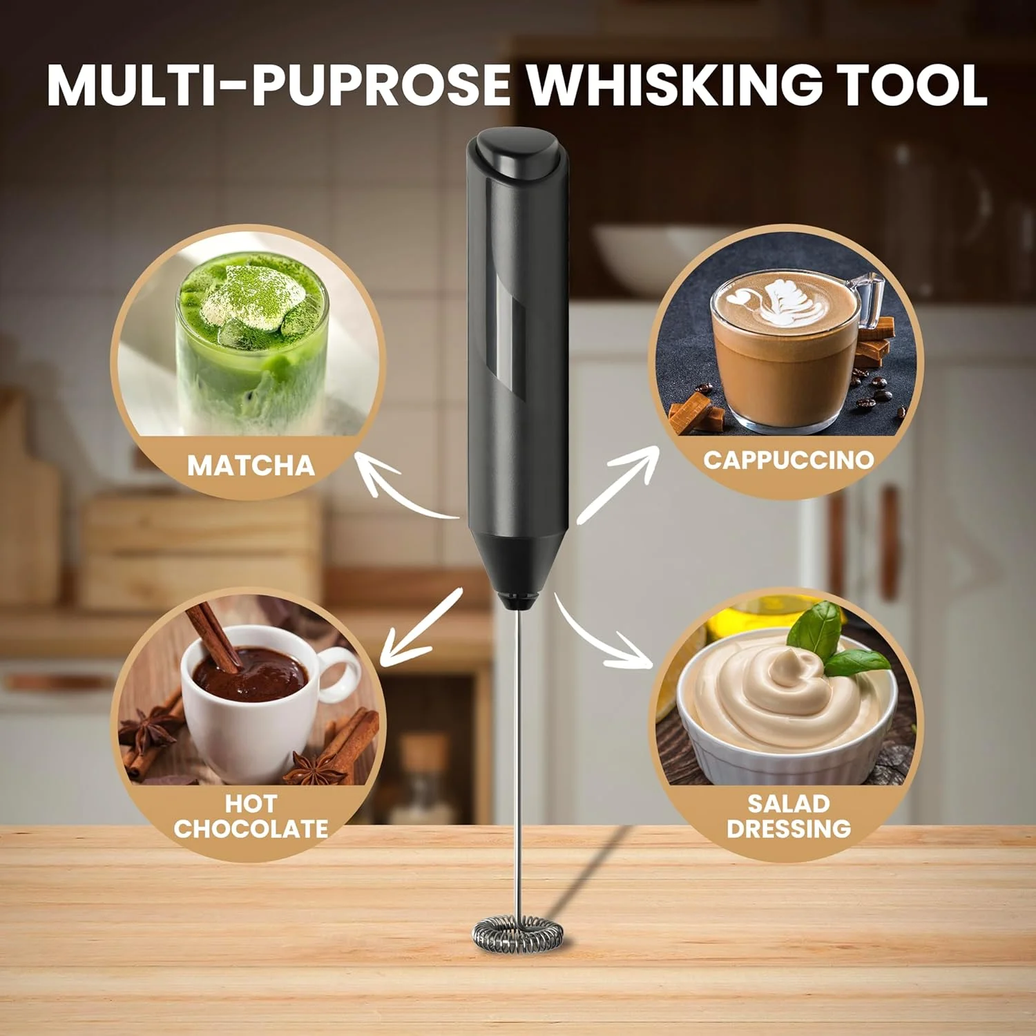 Milk Frother with Stainless Steel Stand, Battery Operated Whisk Maker Hand Drink Mixer for Coffee, Lattes, Cappuccino, Matcha, - Image 3