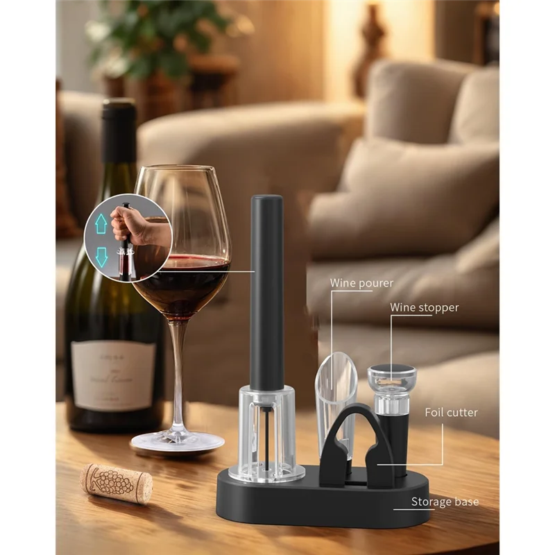 B58B-For Wine Bottle Opener Set With 4 In 1 Air Pump, Foil Cutter, For Wine Pourer, Vacuum Stopper& Storage Base For Wine Lovers - Image 3
