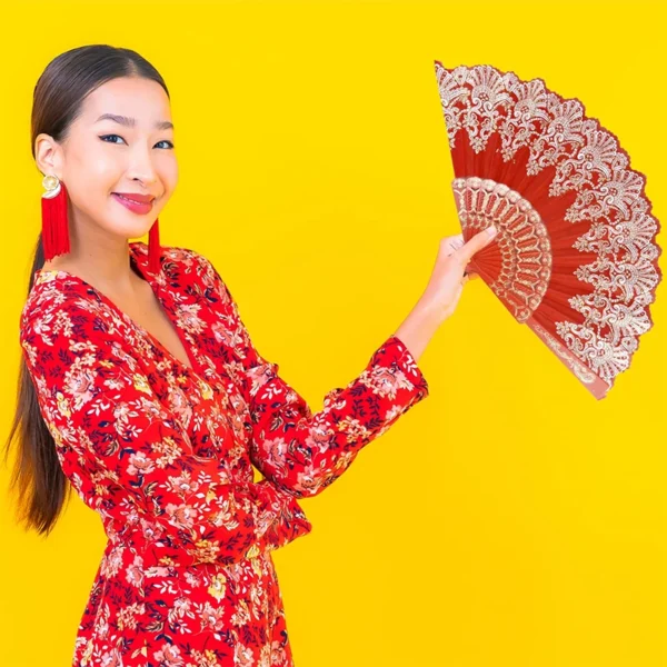 5 Pieces Chinese Style Gold Powder Lace Fan Hand Painted Plastic Folding Dance Party Decor Halloween Wedding Gift - Image 3