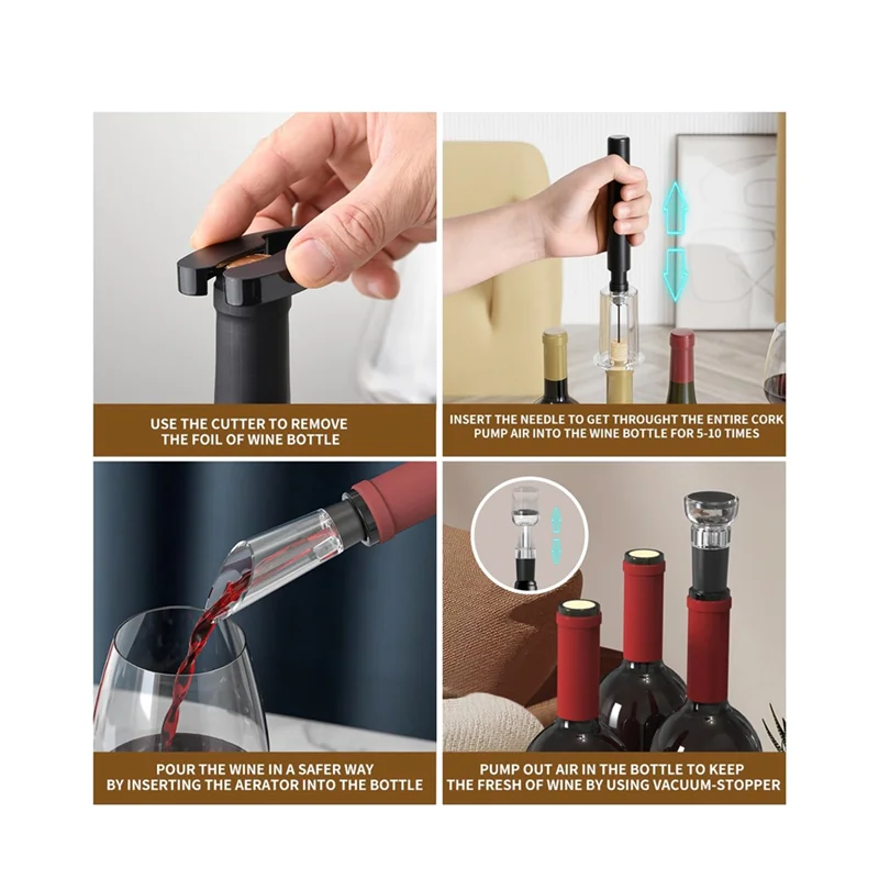 B59B-For Wine Bottle Opener Set With 4In1 Air Pump, Foil Cutter, For Wine Pourer, Vacuum Stopper& Storage Base, For Wine Lover G - Image 4