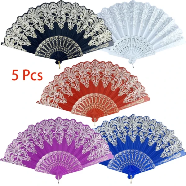 5 Pieces Chinese Style Gold Powder Lace Fan Hand Painted Plastic Folding Dance Party Decor Halloween Wedding Gift