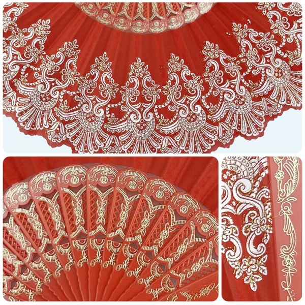 5 Pieces Chinese Style Gold Powder Lace Fan Hand Painted Plastic Folding Dance Party Decor Halloween Wedding Gift - Image 2