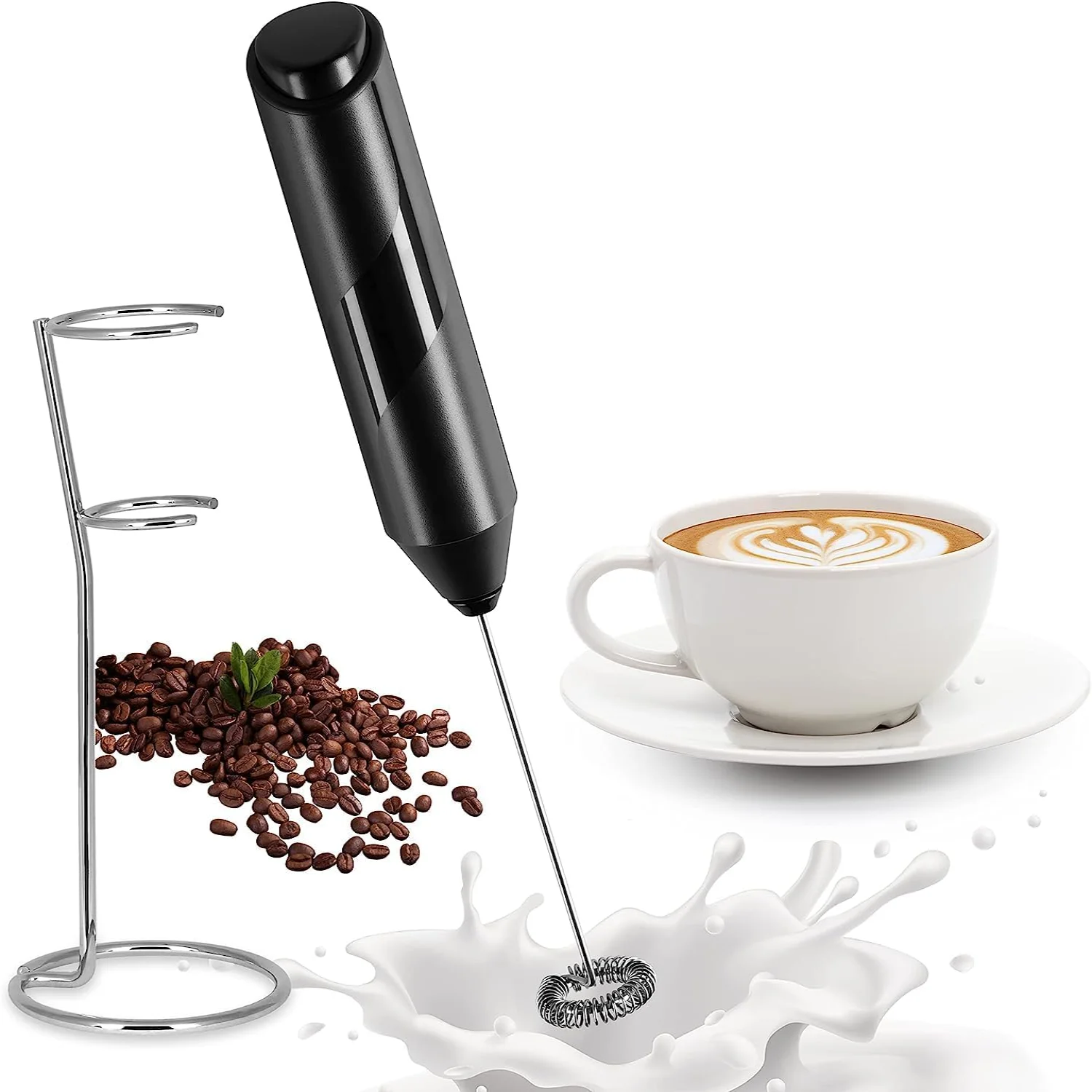 Milk Frother with Stainless Steel Stand, Portable and Powerful Foam Maker for Coffee, Latte, Cappuccino, Hot Chocolate, Drink M