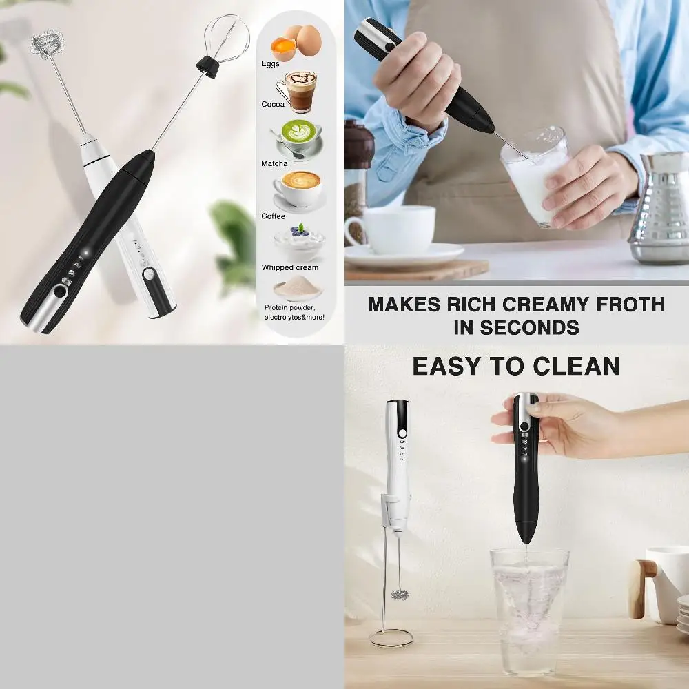 Rechargeable Milk Frother with Speeds, Powerful Whisk Drink Mixer with 2 Head for Coffee, Mini Foam Maker for Cappuccino, Frap