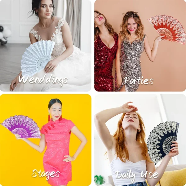 5 Pieces Chinese Style Gold Powder Lace Fan Hand Painted Plastic Folding Dance Party Decor Halloween Wedding Gift - Image 4