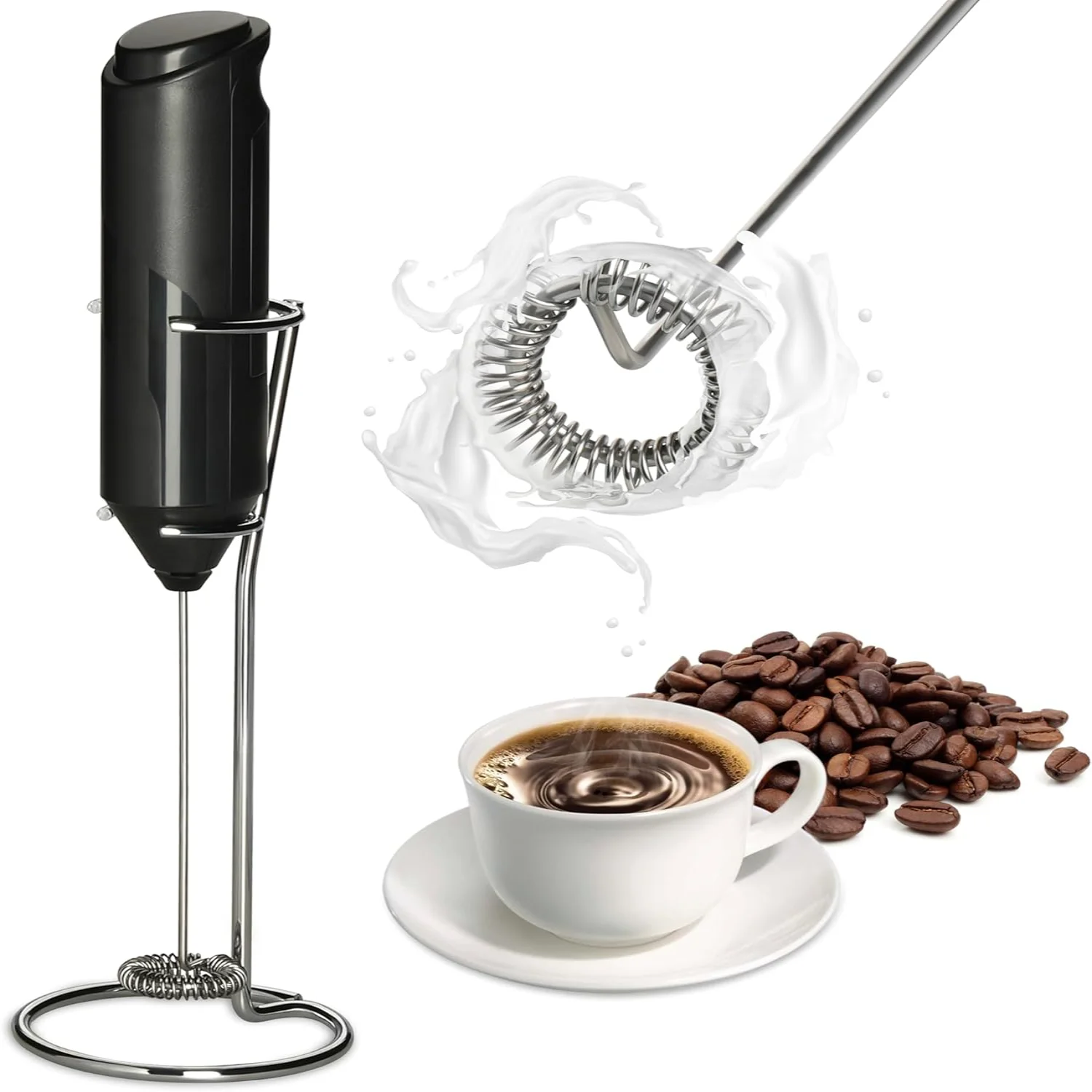 Milk Frother with Stainless Steel Stand, Battery Operated Whisk Maker Hand Drink Mixer for Lattes, Coffee, Cappuccino, Matcha,