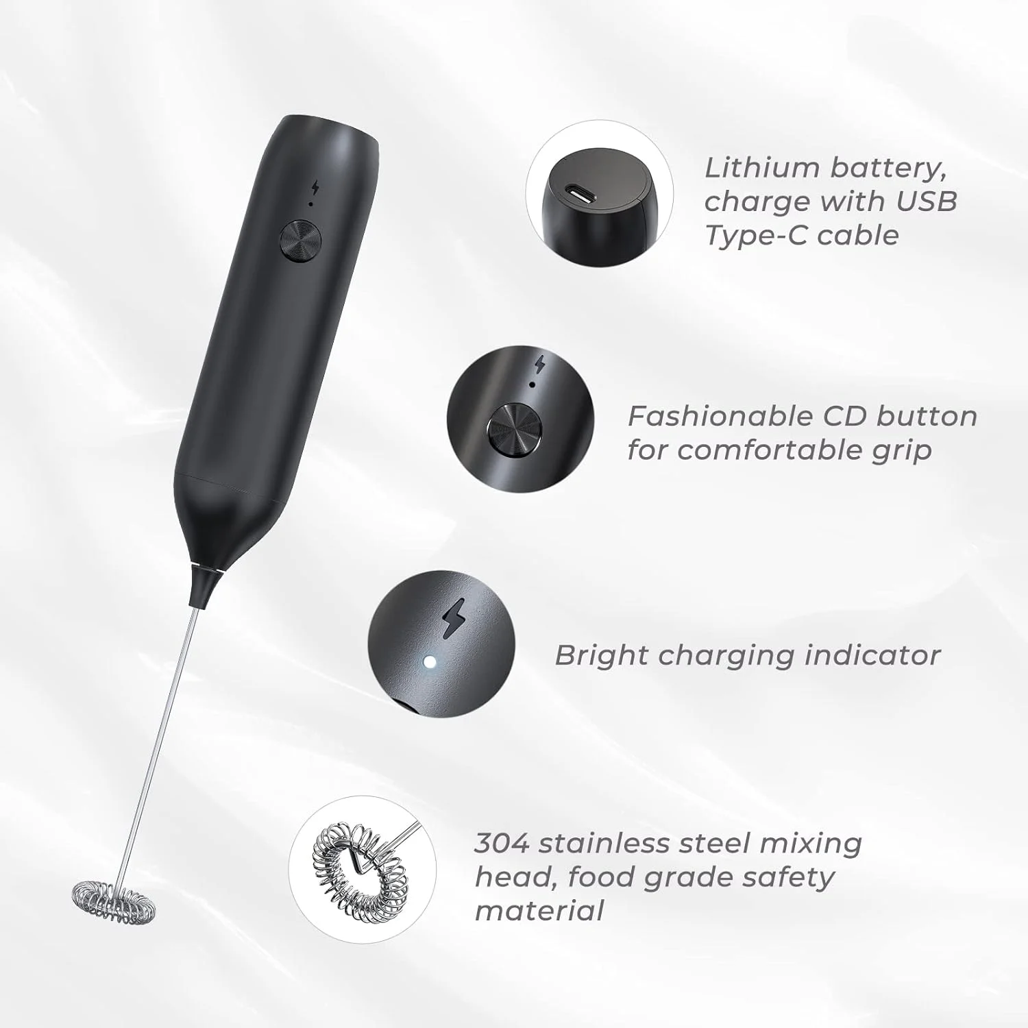 Milk Frother , Rechargeable Frother Hand Frother Frother Foam Maker Wand Whisk Drink Mixer for Coffee, Lattes, Cappuccino, Fra