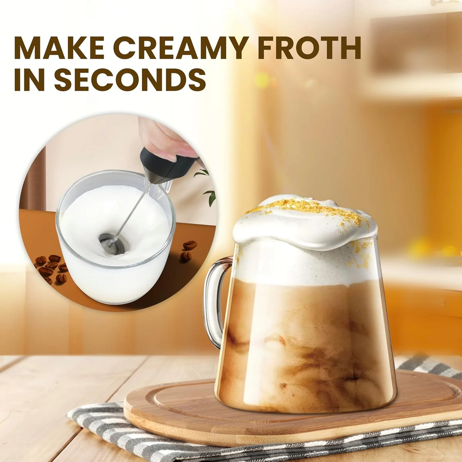 Milk Frother with Stainless Steel Stand, Battery Operated Whisk Maker Hand Drink Mixer for Lattes, Coffee, Cappuccino, Matcha, - Image 3