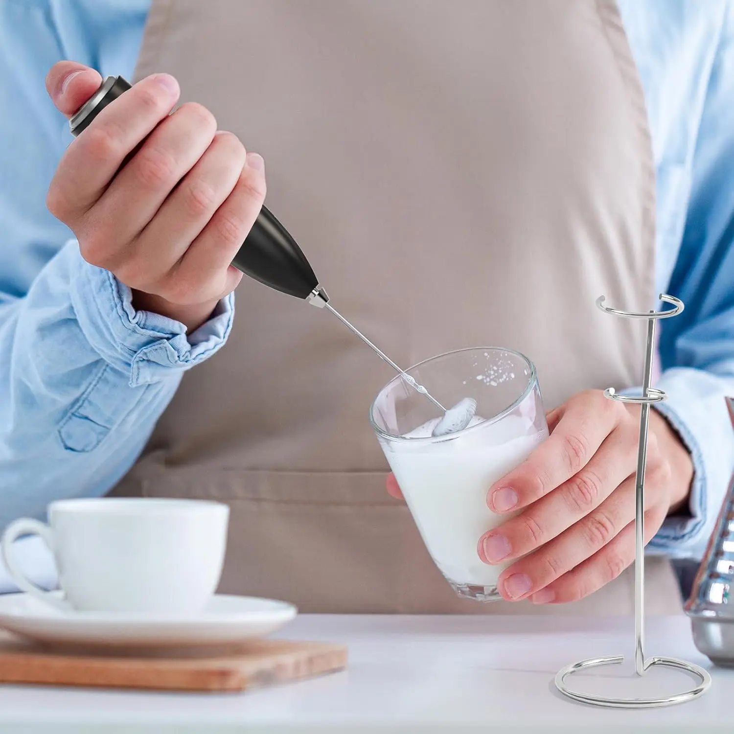 Milk Frother Handheld for Coffee with Stand - hand frother wand, whisk Drink Mixer Mini Foamer for Cappuccino, Frappe, Matcha,