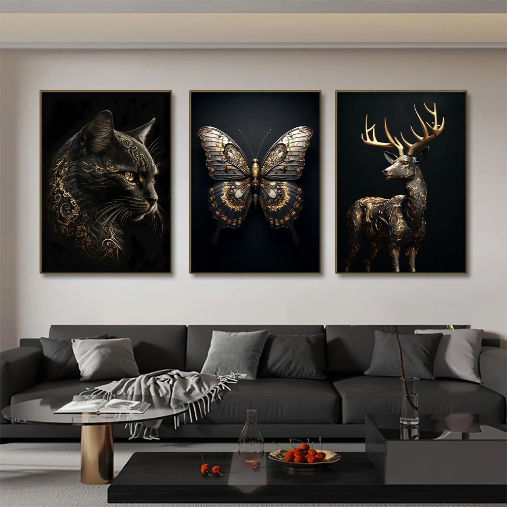 Black Gold Eagle Lion Canvas Painting Metal Poster Wall Art Nordic Deer Tiger Wolf Swan Aesthetic Picture for Living Room Decor - Image 8