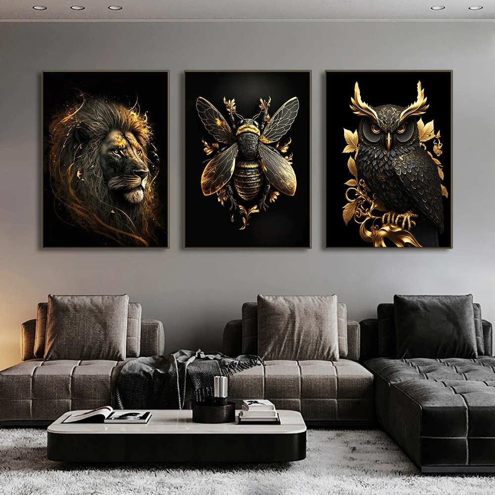 Black Gold Eagle Lion Canvas Painting Metal Poster Wall Art Nordic Deer Tiger Wolf Swan Aesthetic Picture for Living Room Decor - Image 7