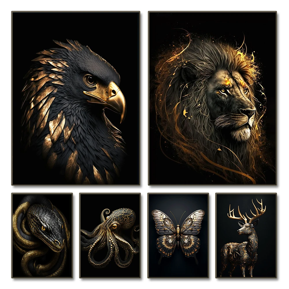Black Gold Eagle Lion Canvas Painting Metal Poster Wall Art Nordic Deer Tiger Wolf Swan Aesthetic Picture for Living Room Decor - Image 6