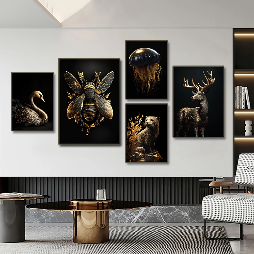 Black Gold Eagle Lion Canvas Painting Metal Poster Wall Art Nordic Deer Tiger Wolf Swan Aesthetic Picture for Living Room Decor - Image 9