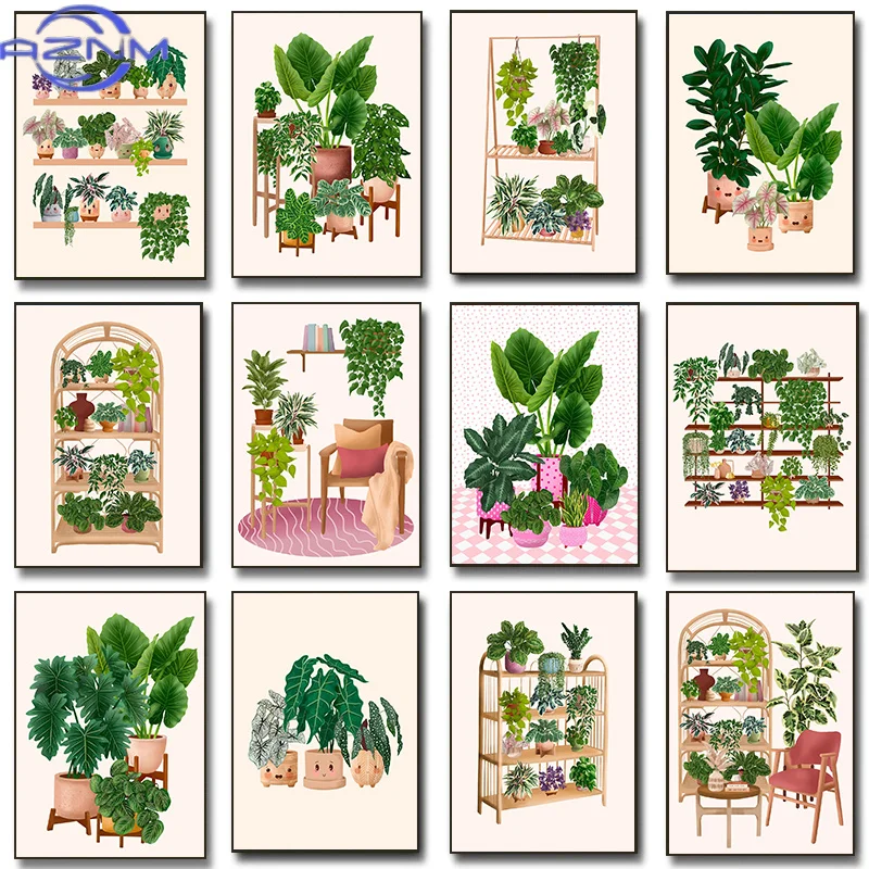 AZNM Trendy Cute Plants On A Shelf Posters Modern Quirky Plant Minimalism Prints Canvas Painting Wall Pictures Home Living Room