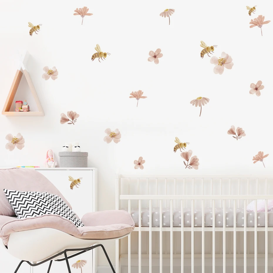 Boho Bee Flower Watercolor Wall Sticker Children's Nursery Vinyl Wall Art Decal Peel and Stick Baby Kids Room Home Decoration - Image 3