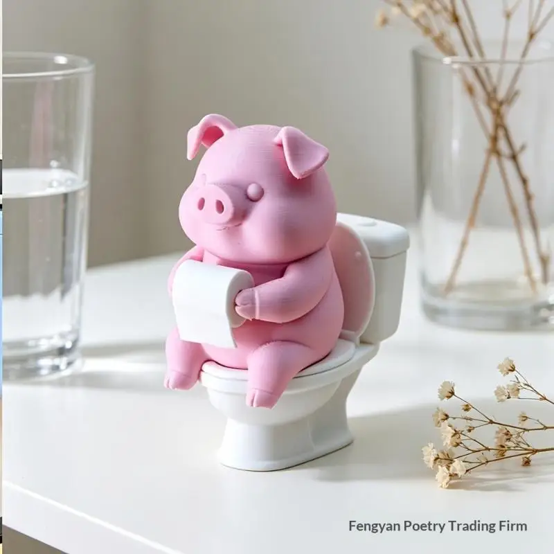 Cute Pig On Toilet Statue Bathroom Decor Wall Mounted Or Tabletop Piggy Figurine For Home Office Desk Shelf Father's Day Gift