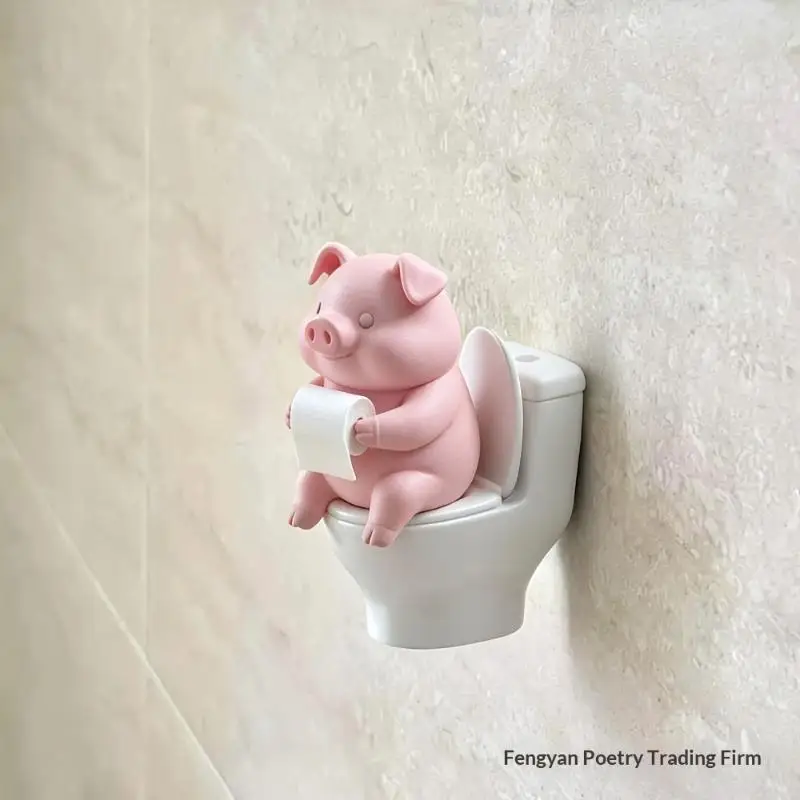 Cute Pig On Toilet Statue Bathroom Decor Wall Mounted Or Tabletop Piggy Figurine For Home Office Desk Shelf Father's Day Gift - Image 3
