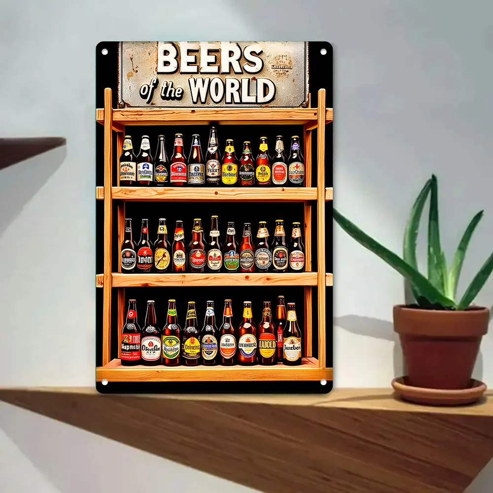 Vintage "Beers of the World" Metal Sign - Iron Wall Art, Rustic Beer Bottle Display Shelf Design, & Dustproof, for Home Bar, Ga