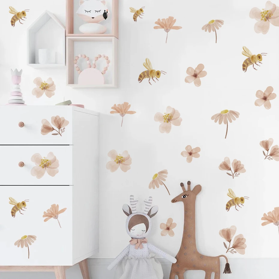 Boho Bee Flower Watercolor Wall Sticker Children's Nursery Vinyl Wall Art Decal Peel and Stick Baby Kids Room Home Decoration - Image 2