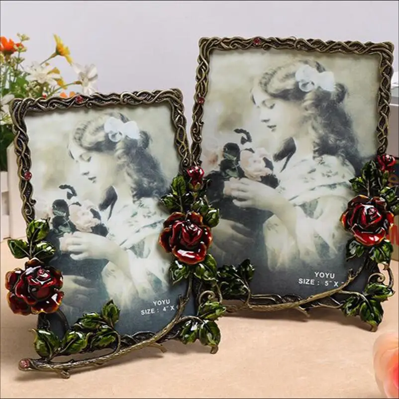 Vintage Bronze Metal Picture Frame – Decorative Rose Design, 6 or 7 Inch