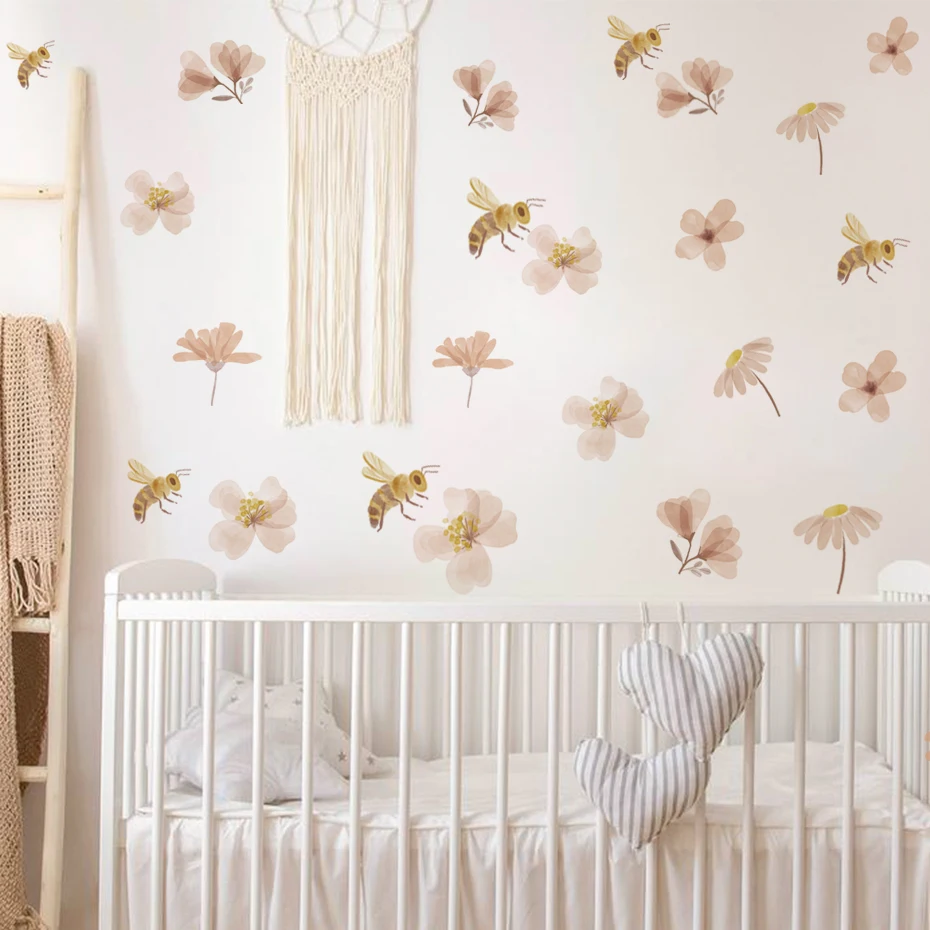 Boho Bee Flower Watercolor Wall Sticker Children's Nursery Vinyl Wall Art Decal Peel and Stick Baby Kids Room Home Decoration